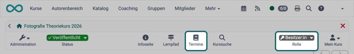 Das Icon Termine in der Kurs-Toolbar öffnet die Terminverwaltung, die Rolle zeigt Besitzer:in