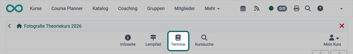 Teilnehmende öffnen ihre Termine über das Icon Termine in der Kurs-Toolbar