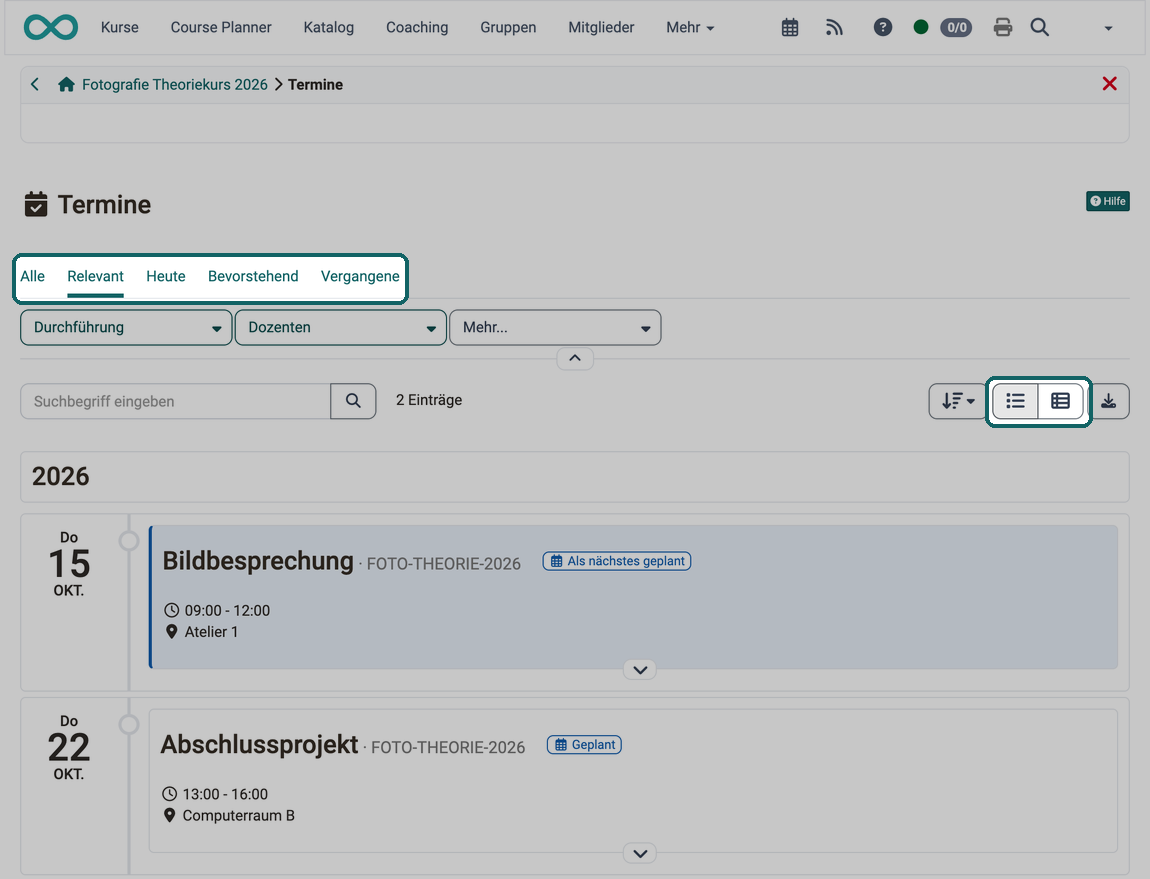 Mit den Tabs grenzen Teilnehmende die Terminliste ein, mit den zwei Symbolen wechseln sie zwischen Zeitansicht und Tabellenansicht