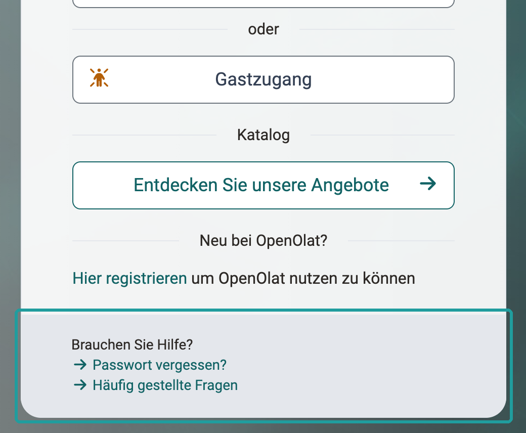Unterer Teil der Anmeldebox mit Gastzugang, Katalog und Hier registrieren, darunter markiert der Bereich Brauchen Sie Hilfe? mit den Links Passwort vergessen? und Häufig gestellte Fragen