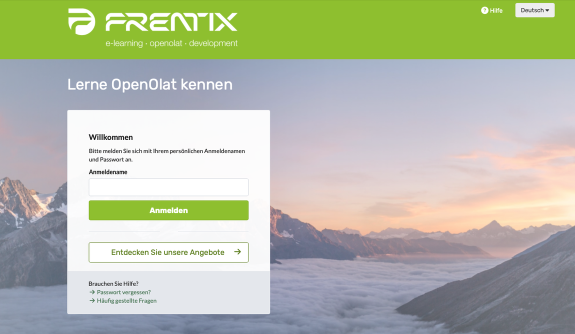 Login-Seite nur mit OpenOlat-Konto · 2026.10.01 Feld Anmeldename, Buttons Anmelden und Entdecken Sie unsere Angebote, Link Passwort vergessen?, ohne Identitätsanbieter