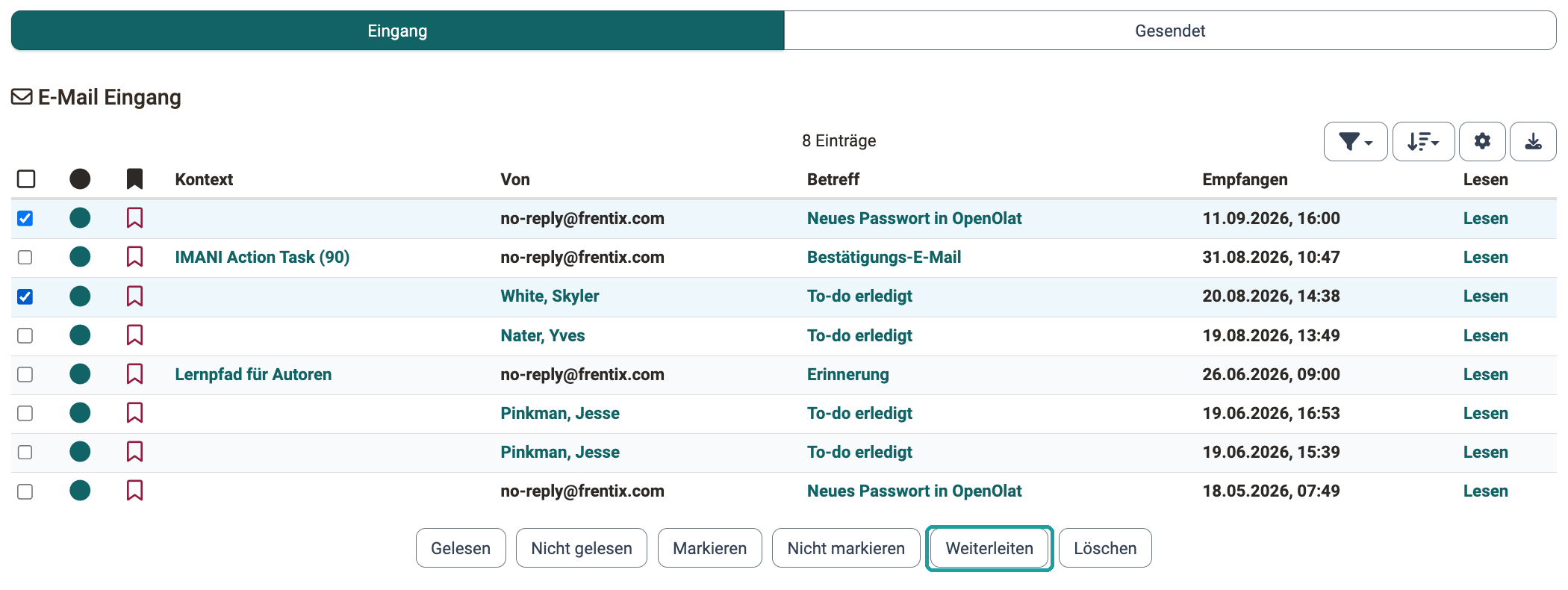 Aktion Weiterleiten in der Aktionsleiste unter der Liste, zwei Nachrichten ausgewählt, Segment Eingang des Postfachs