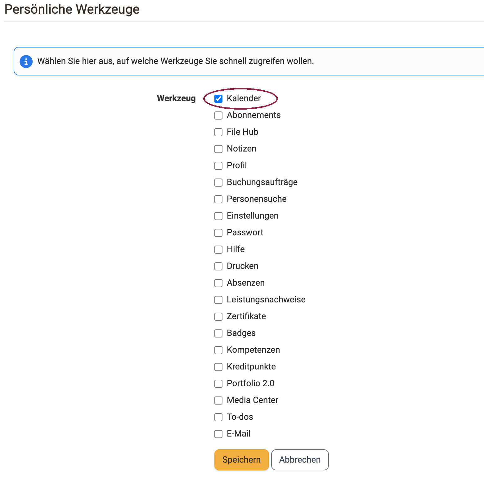 Kontrollkästchen Kalender markiert, die Liste enthält auch Profil, Zertifikate und Drucken, im Tab System der Einstellungen
