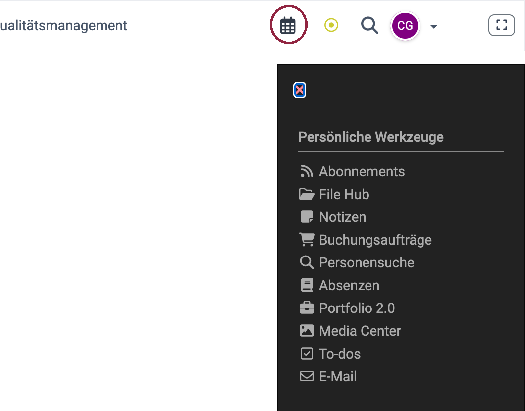 Kalendersymbol in der Menüleiste neben dem Chat-Status, mit Kreis markiert; im geöffneten persönlichen Menü fehlt der Eintrag Kalender