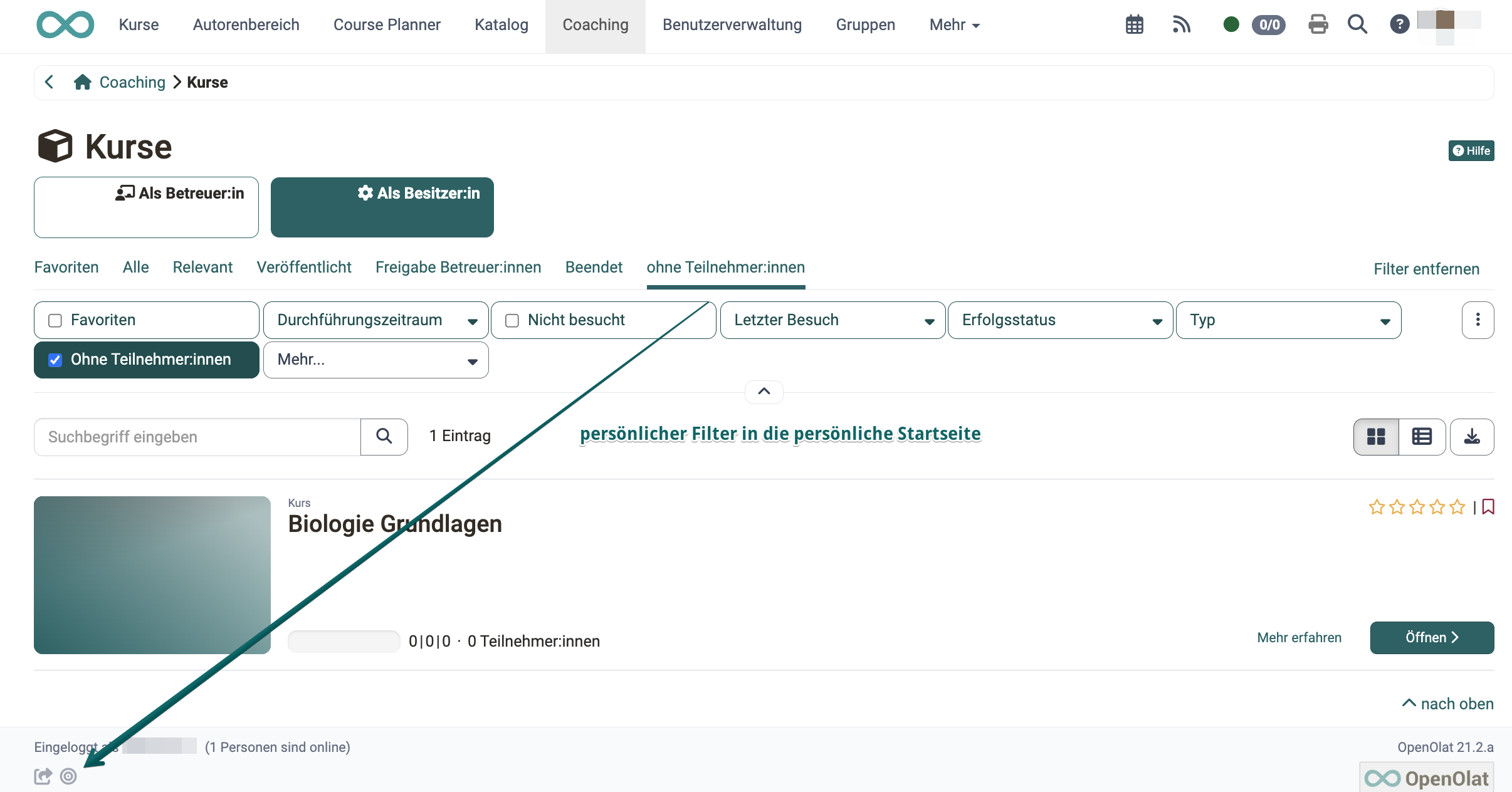 Eigener Filter-Tab ohne Teilnehmer:innen unter Als Besitzer:in, ein Pfeil führt zum Startseiten-Icon links unten in der Fusszeile
