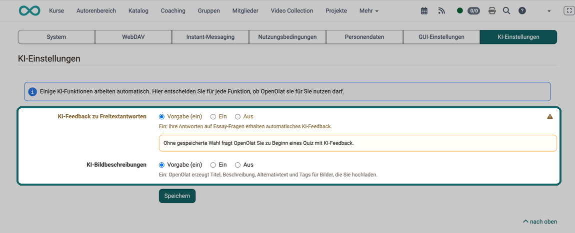 Tab KI-Einstellungen der persönlichen Einstellungen · 2026.10.20 Tab KI-Einstellungen mit den markierten Zeilen KI-Feedback zu Freitextantworten und KI-Bildbeschreibungen, je mit den Werten Vorgabe (ein), Ein und Aus, so sehen Sie, welche Wahl für Sie gilt