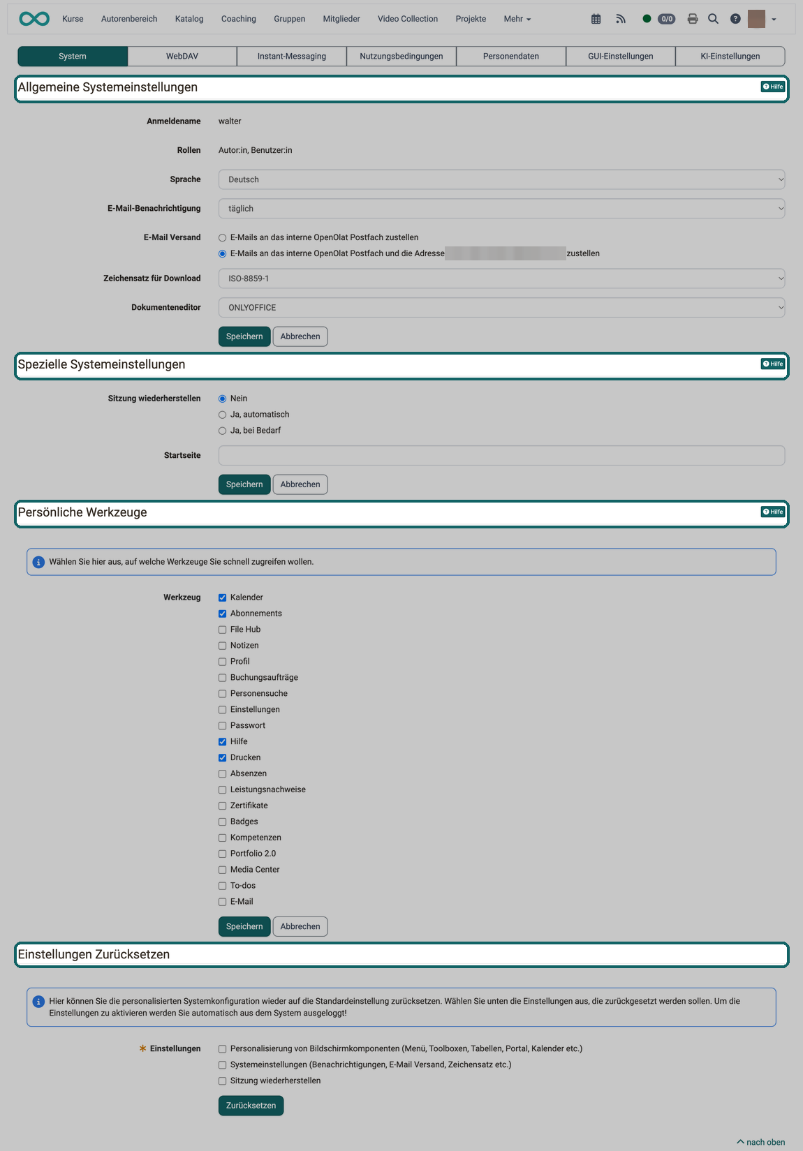 Tab System der persönlichen Einstellungen · 2026.10.20 Die vier Abschnitte des Tabs System markiert, von den allgemeinen Systemeinstellungen bis zum Zurücksetzen der Einstellungen, so finden Sie jeden Abschnitt dieser Seite im Tab wieder