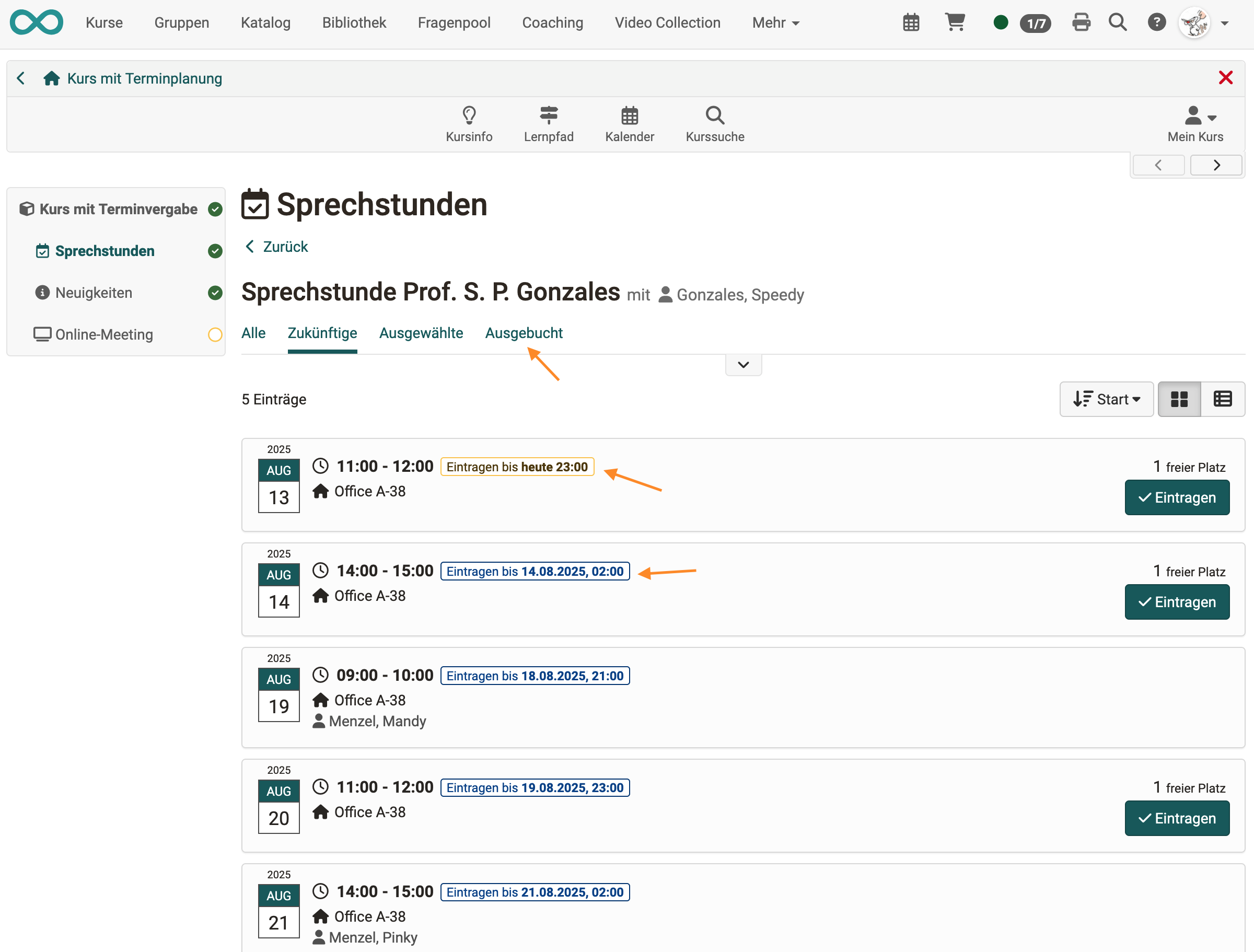 Einschreibefrist und Filter für ausgebuchte Termine