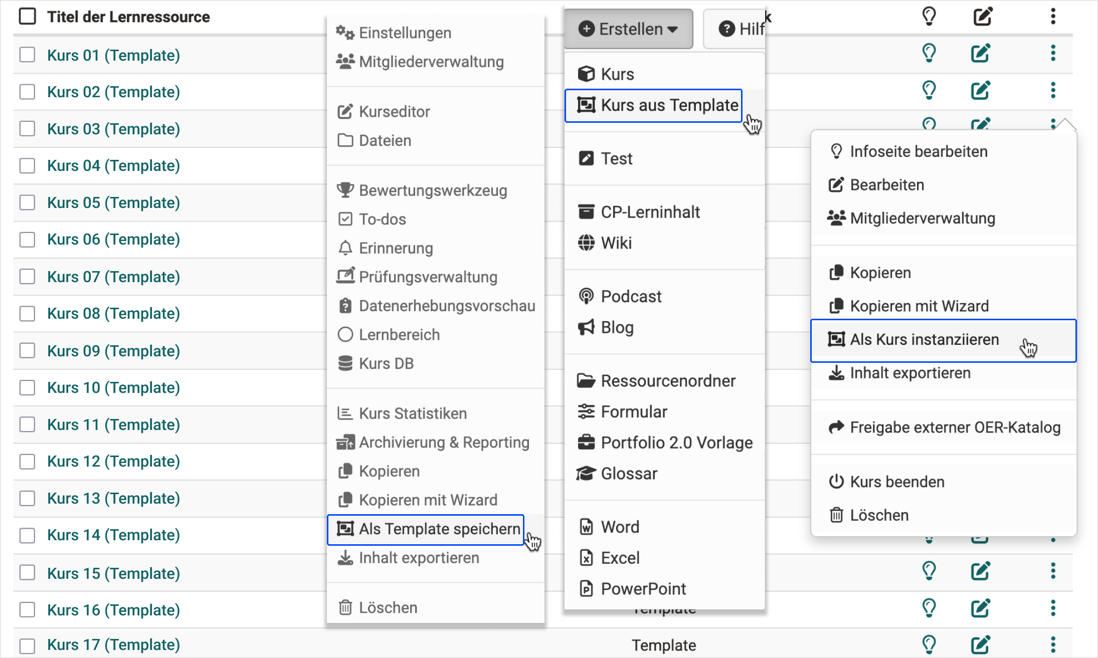 Kurs-Template-Aktionen