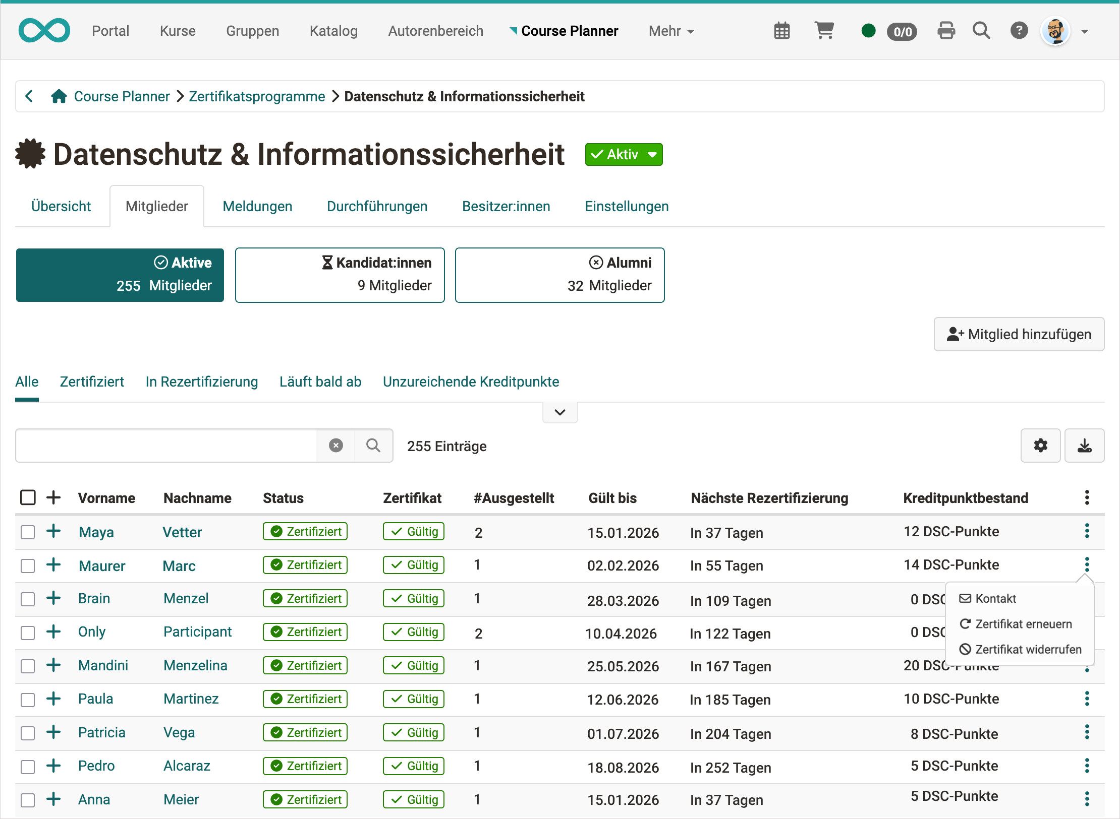 Mitgliederansicht Zertifikatsprogramm