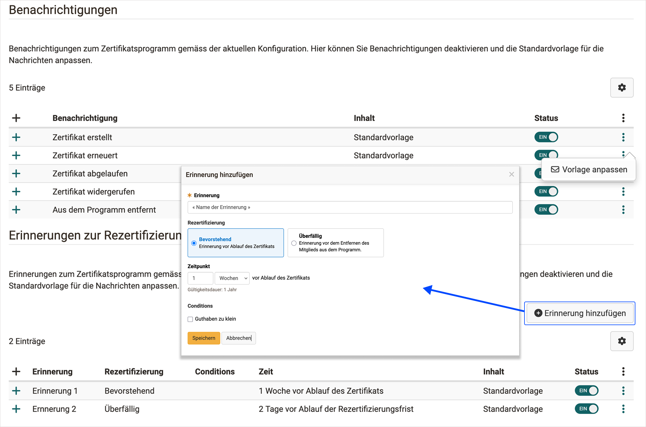 Benachrichtigungen Zertifikatsprogramm