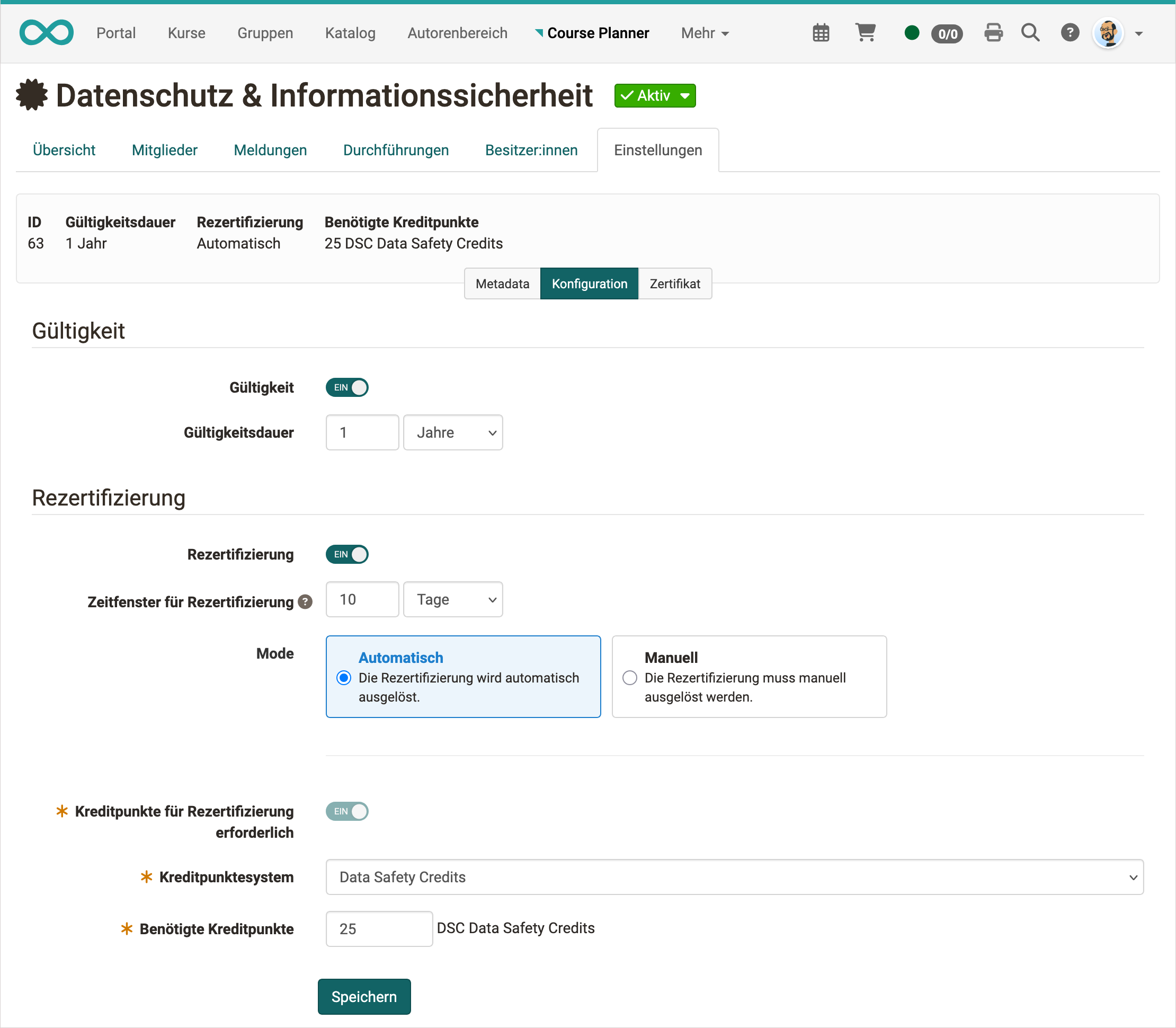 Einstellungen Zertifikatsprogramm