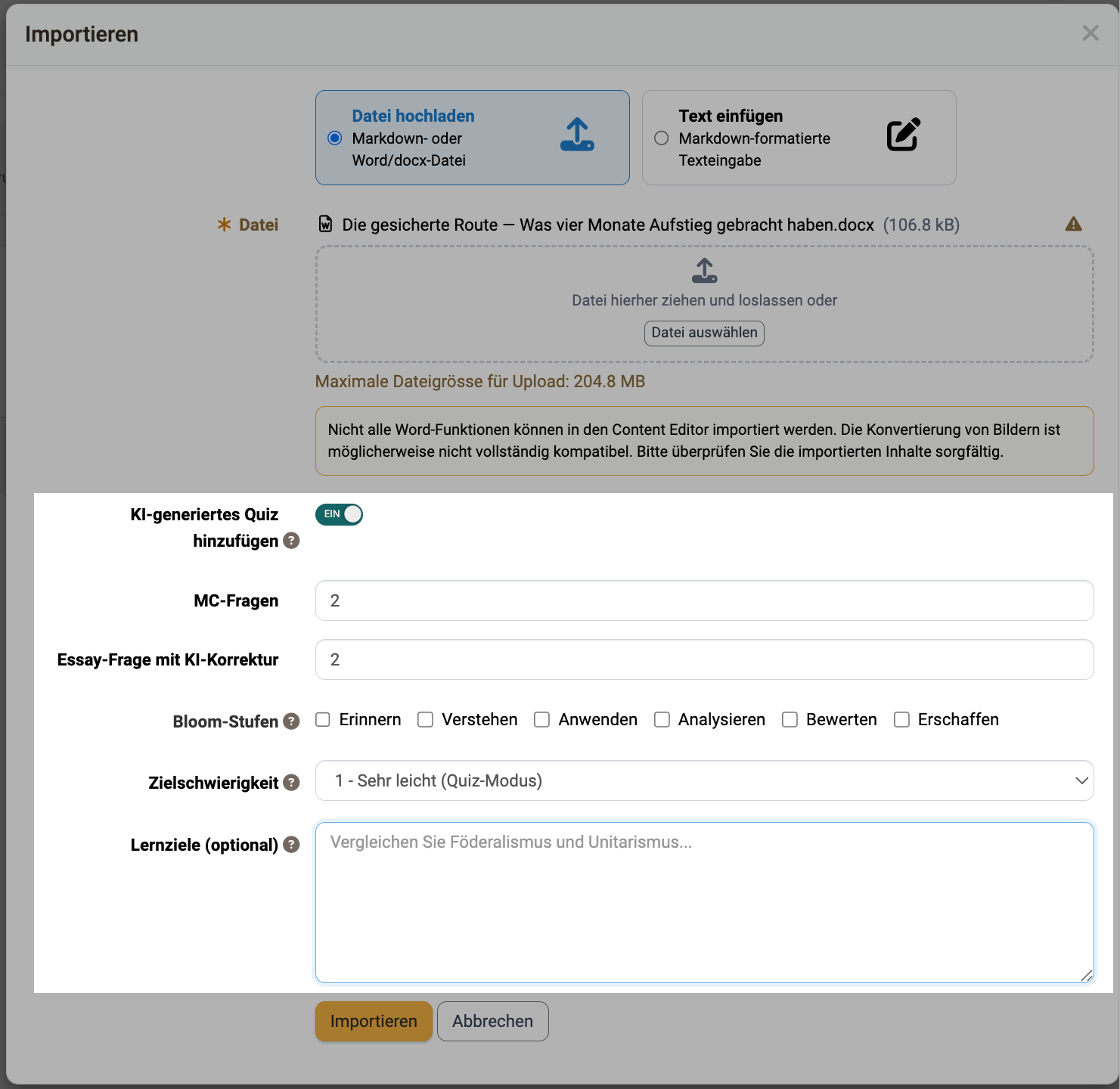 KI-Fragen für Seite beim Import generieren KI-Fragen für Seite beim Import generieren