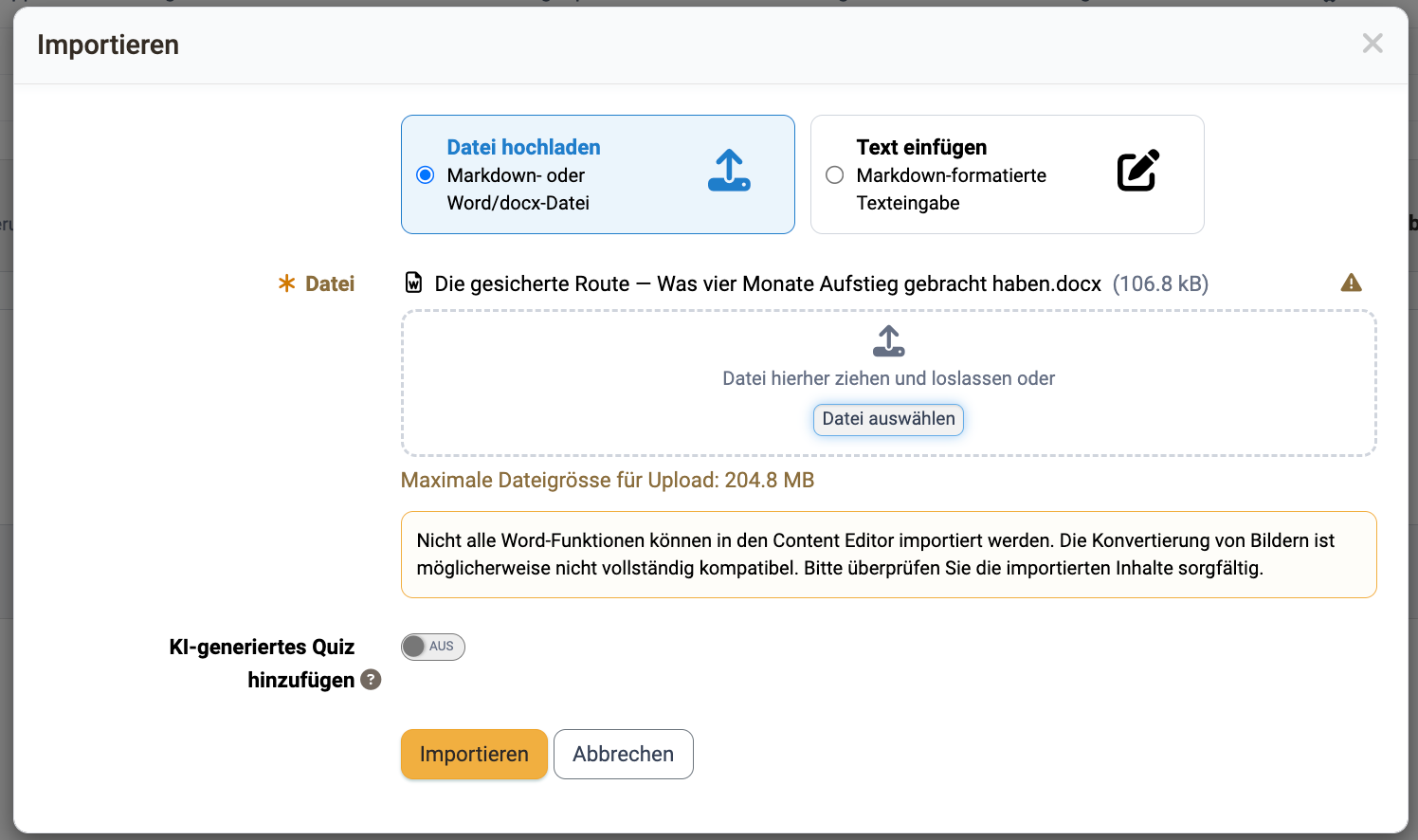 Import Word-Datei im der Seite Import Word-Datei in der Seite