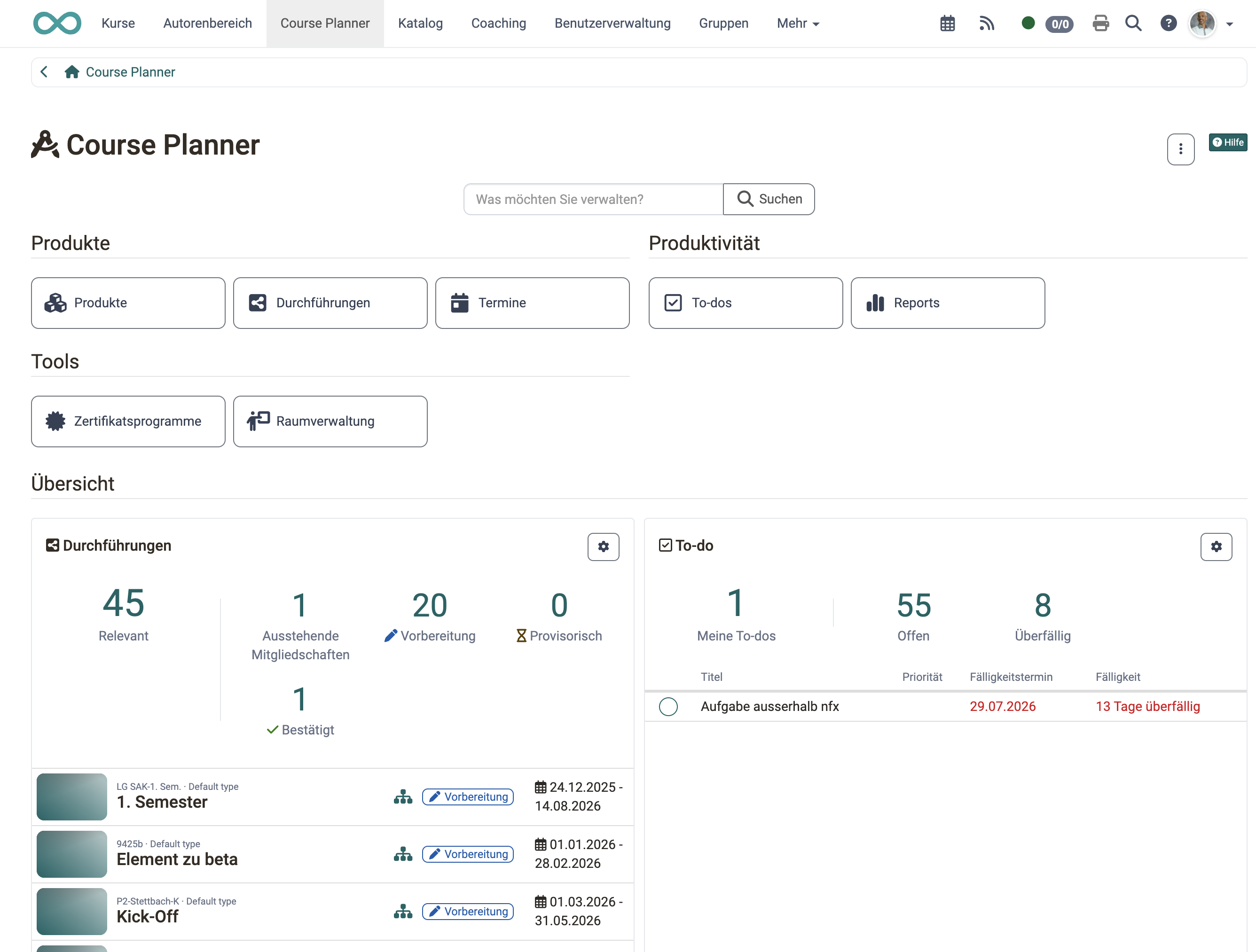 Course Planner Dashboard mit To-dos Course Planner Dashboard mit To-dos