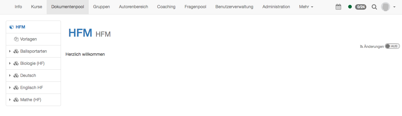 Info page at the top level of the site Document pool with the welcome text