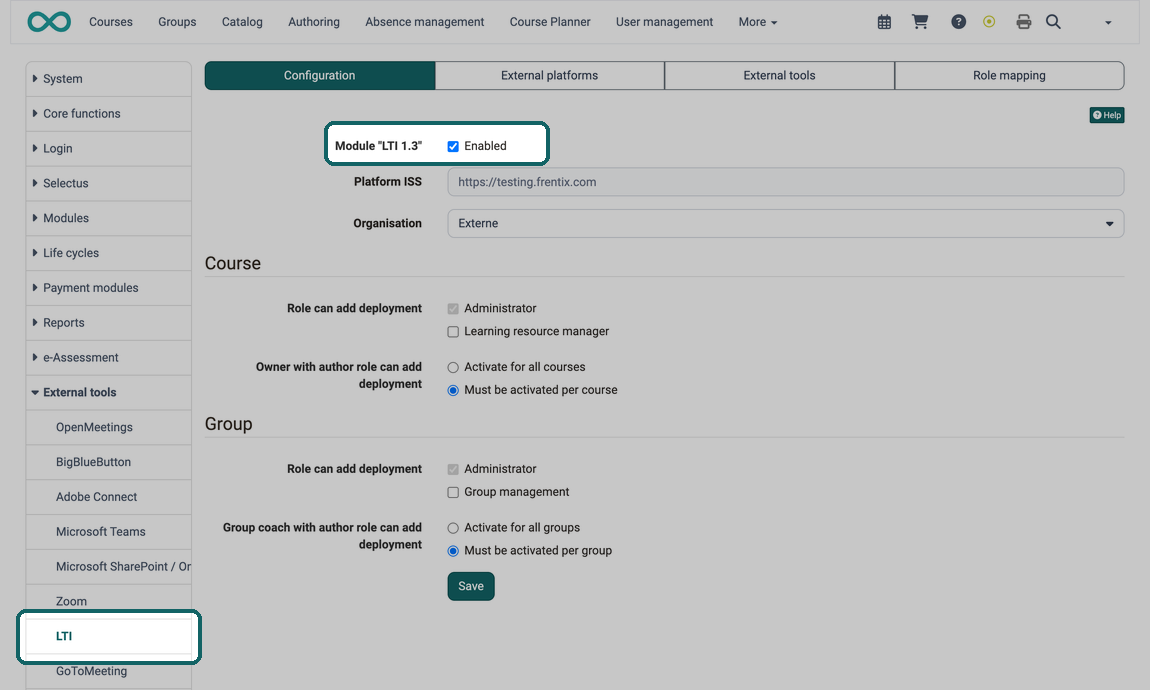 Marked menu entry LTI under External tools and marked checkbox Enabled for the module LTI 1.3