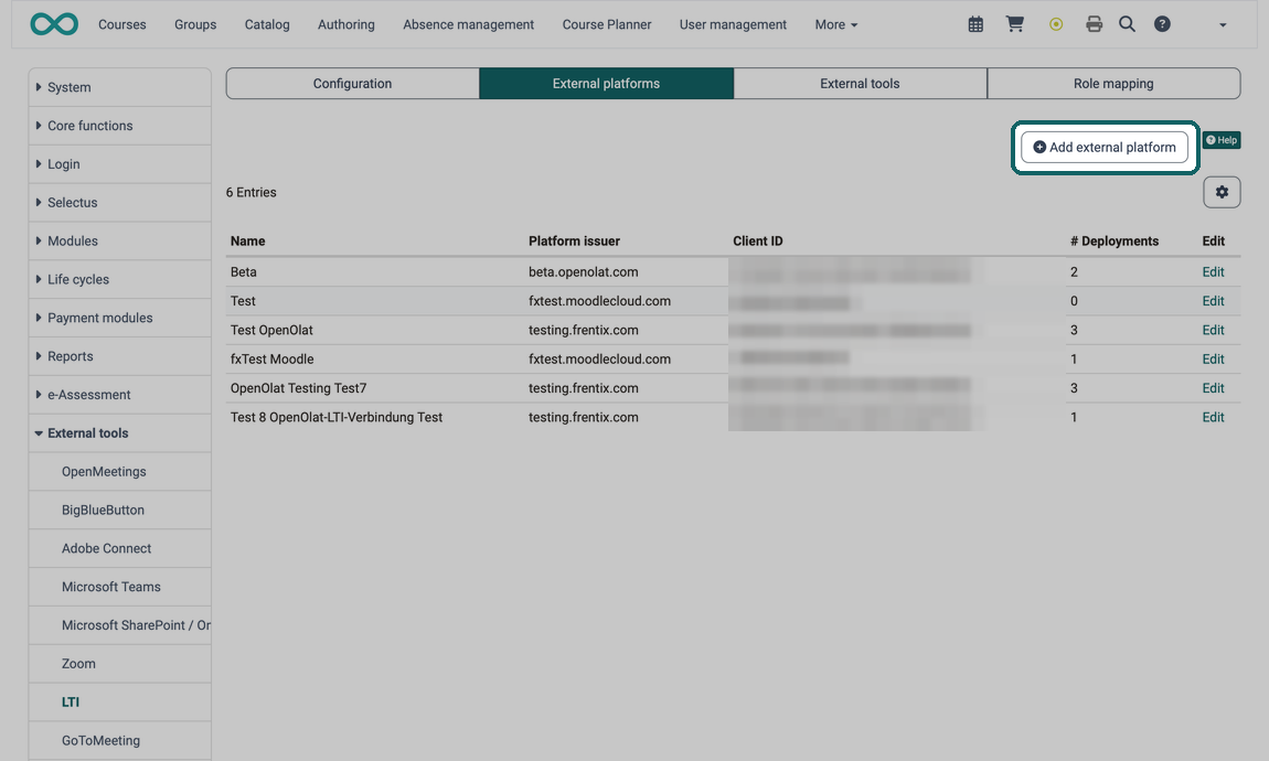 List of external platforms with name, platform issuer, client ID and number of deployments, the Add external platform button marked