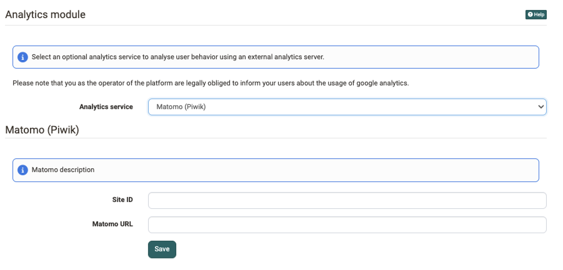 Analytics module in system administration: with Matomo (Piwik) selected as the service, the configuration requires the site ID and the Matomo URL