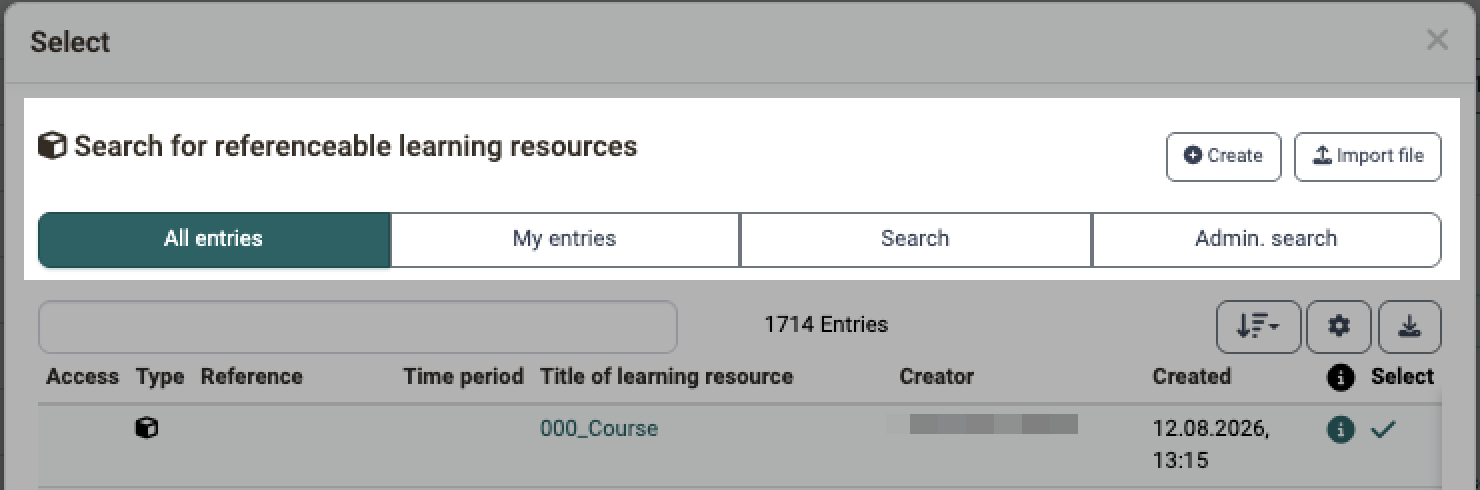 Search for referenceable learning resources dialog: select the course from the list, or use Create and Import file to add a new learning resource instead