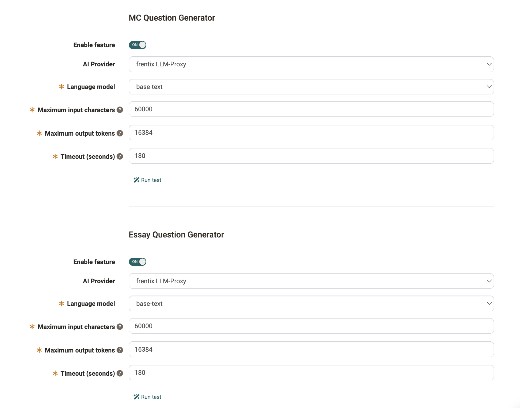 MC and Essay Question Generator, each with input characters, output tokens and timeout. Tab AI features, middle.