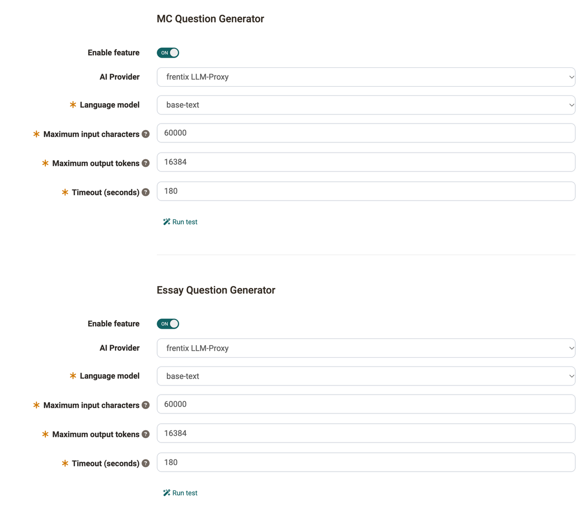 MC Question Generator and Essay Question Generator, each with AI provider, language model, input characters, output tokens and timeout, so you see the limits of both generators at a glance
