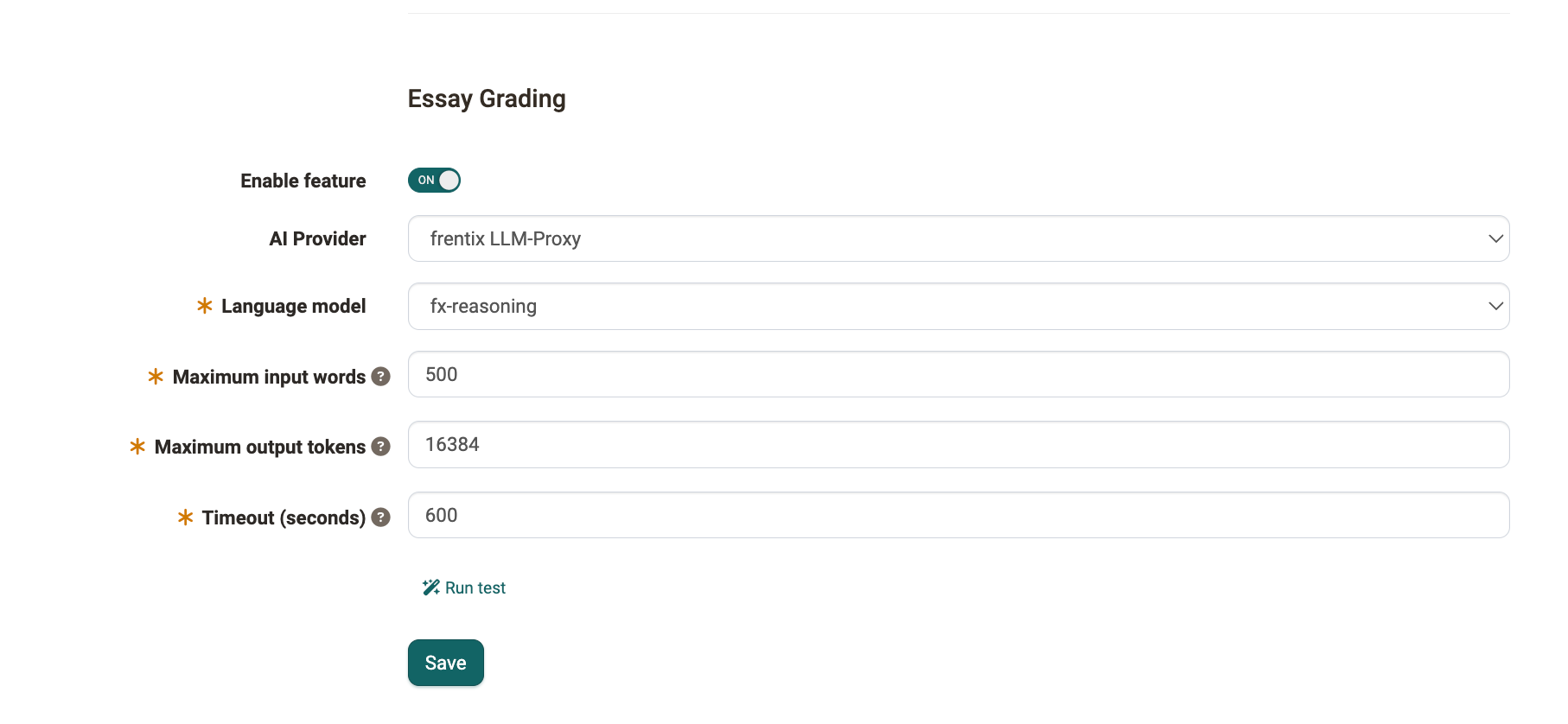 Essay Grading with input words, output tokens and timeout, with the Save button below. Tab AI features, bottom.