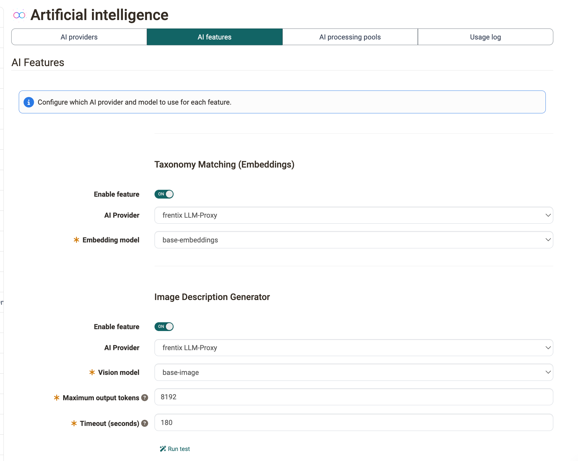 Taxonomy Matching and Image Description Generator with provider, model and the limit fields. Tab AI features, top.