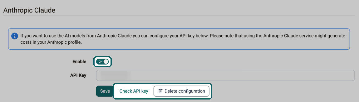 Provider Anthropic Claude with the highlighted switch Enable and the highlighted buttons Check API key and Delete configuration, so you find the actions per provider