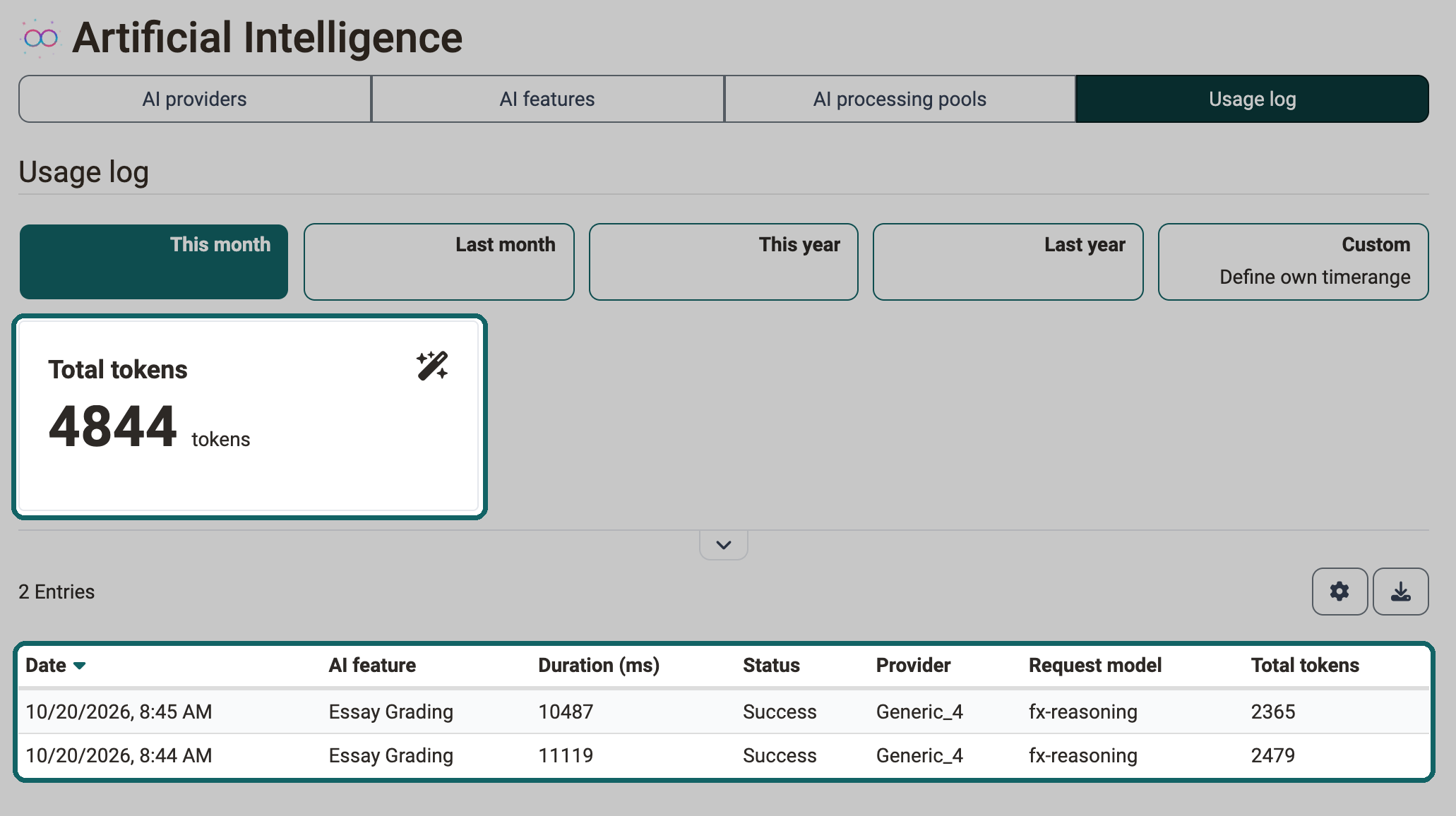 Highlighted widget Total tokens and the highlighted table of AI calls with date, AI feature, duration, status, provider and model, so you see the consumption of the selected time range