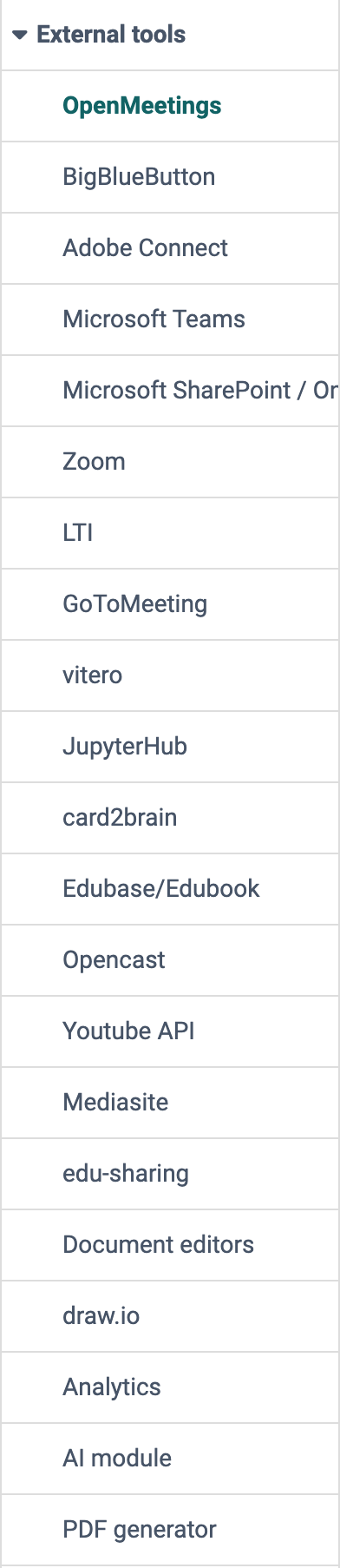 One entry per external tool, from OpenMeetings to PDF generator, in the expanded External tools menu of the system administration