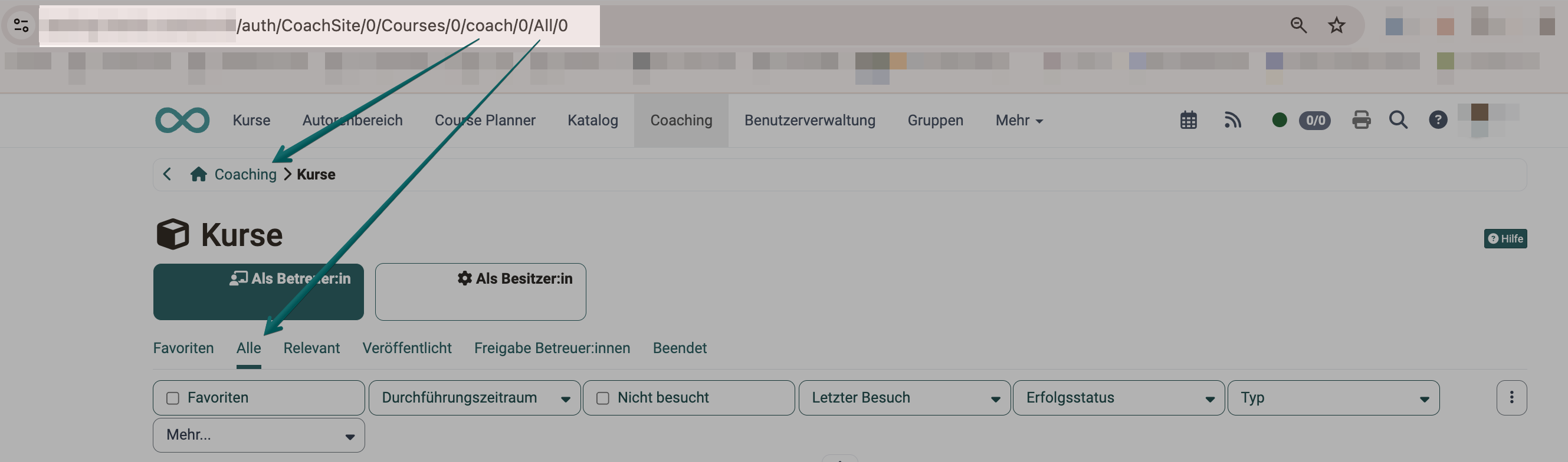 Arrows from the link CoachSite/0/Courses/0/coach/0/All/0 to the path Coaching > Courses and to the tab All under As coach