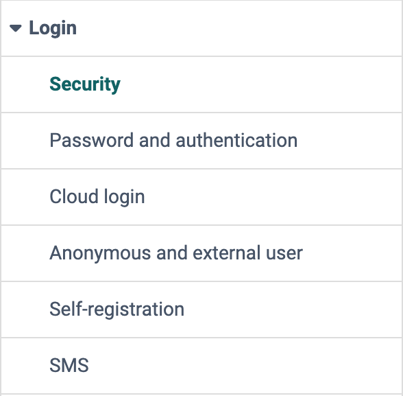 Configuration menu Login in the system administration with the areas Security, Password and authentication, Cloud login, Anonymous and external users, Self-registration and SMS