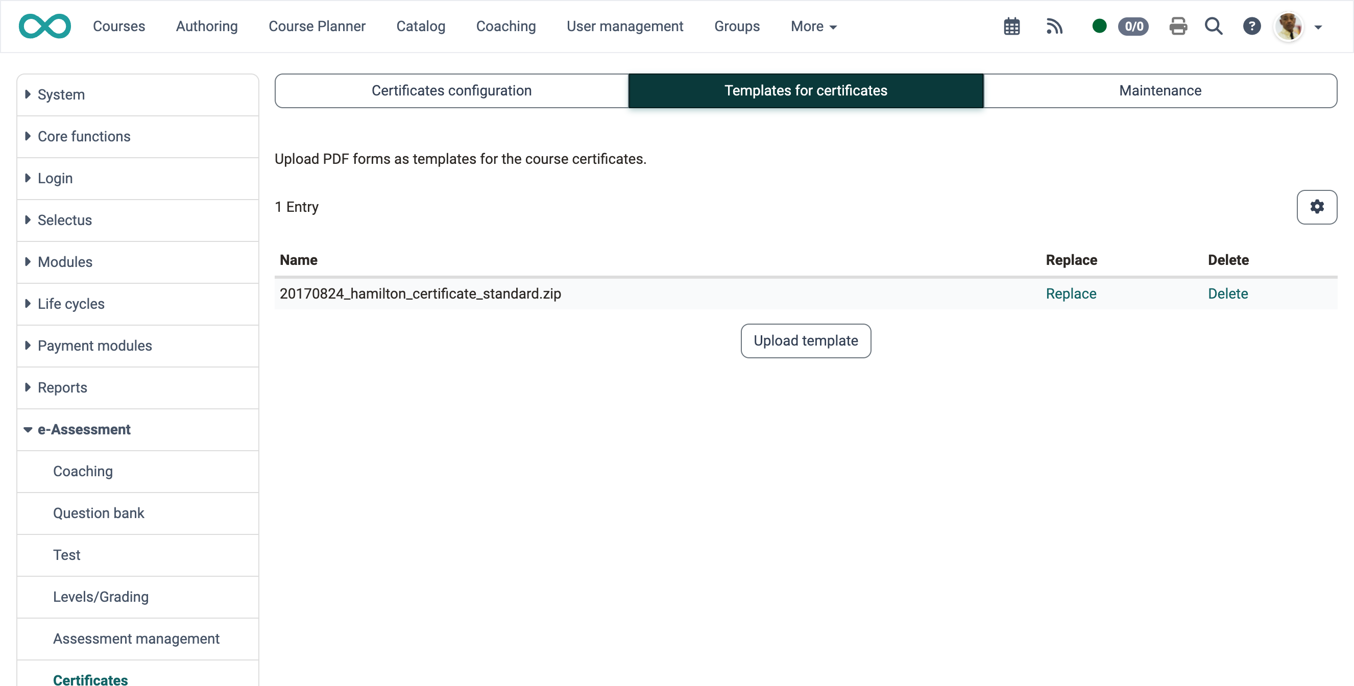 The list of uploaded certificate templates with the actions Replace and Delete and the Upload template button, in the Templates for certificates tab