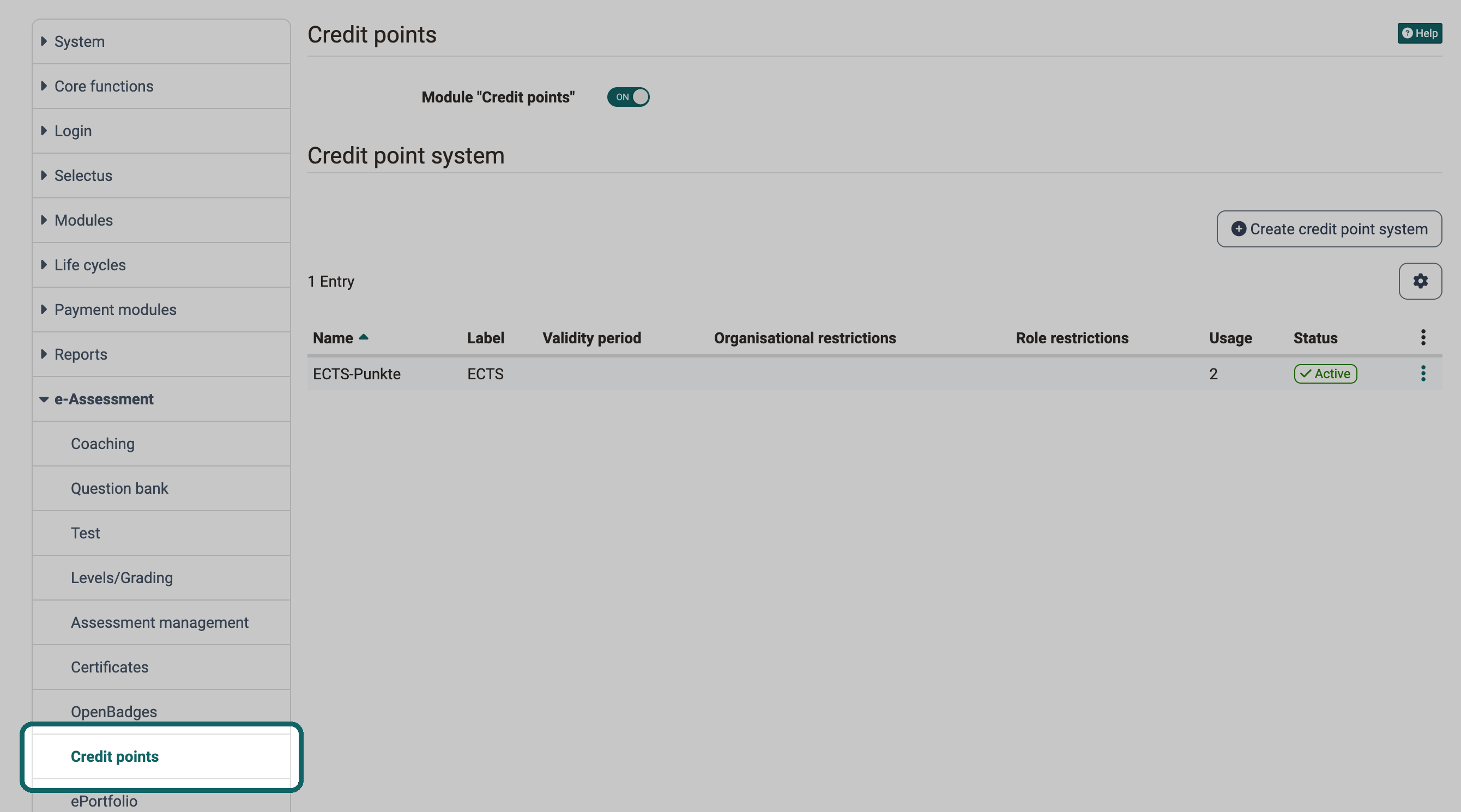 Marked entry Credit points under e-Assessment, on the right the switched-on module and the list of credit point systems with the columns Organisational restrictions and Role restrictions