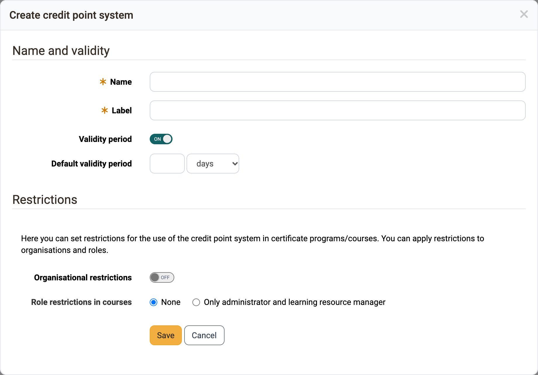 Create credit point system dialog with the sections Name and validity and Restrictions, validity period switched on