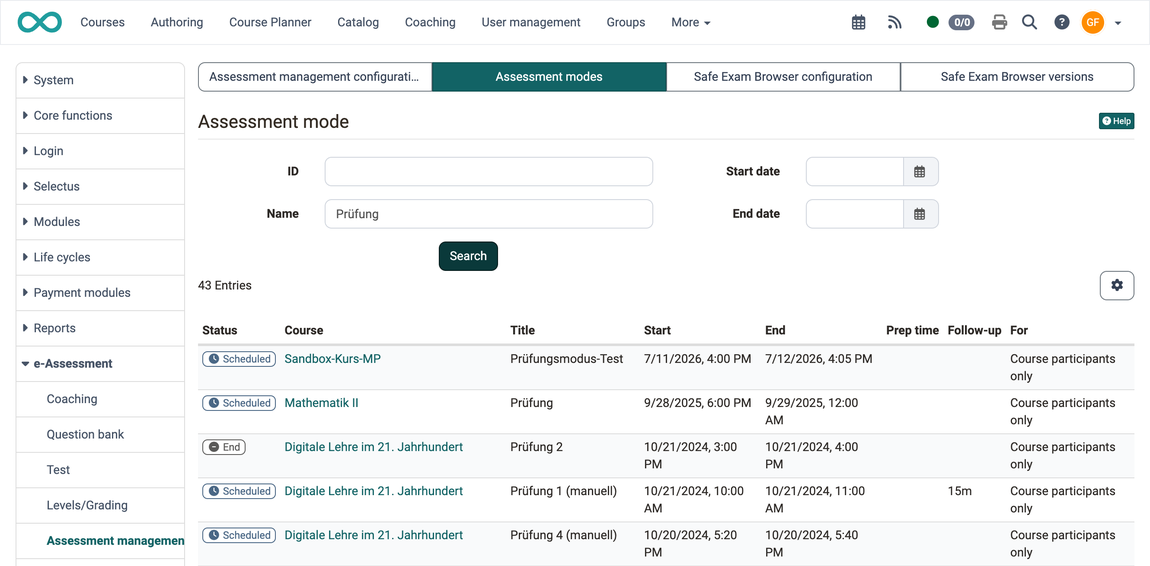 Assessment modes tab in the system administration Search fields ID, Name, Start date and End date, below them the table of all created assessment modes