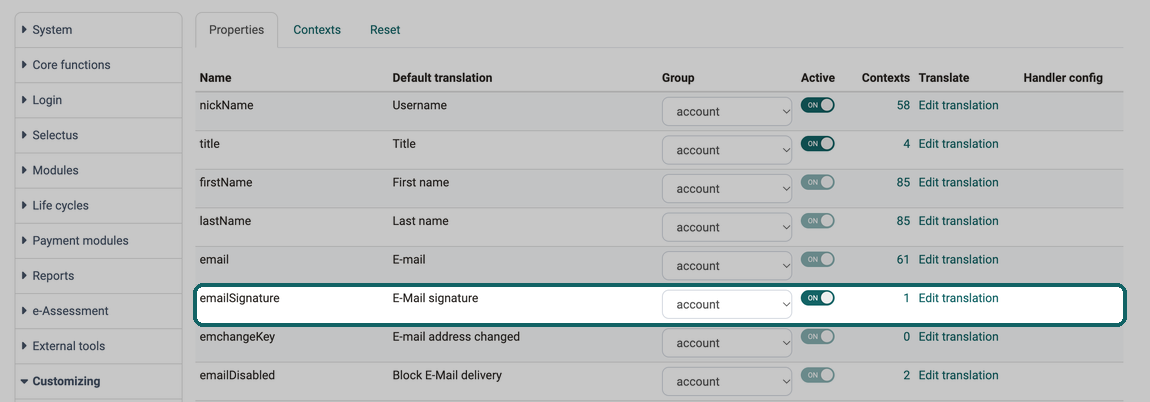 Switch in the column Active releases emailSignature system-wide