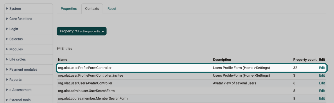 Link Edit in the row org.olat.user.ProfileFormController opens the property list of this context
