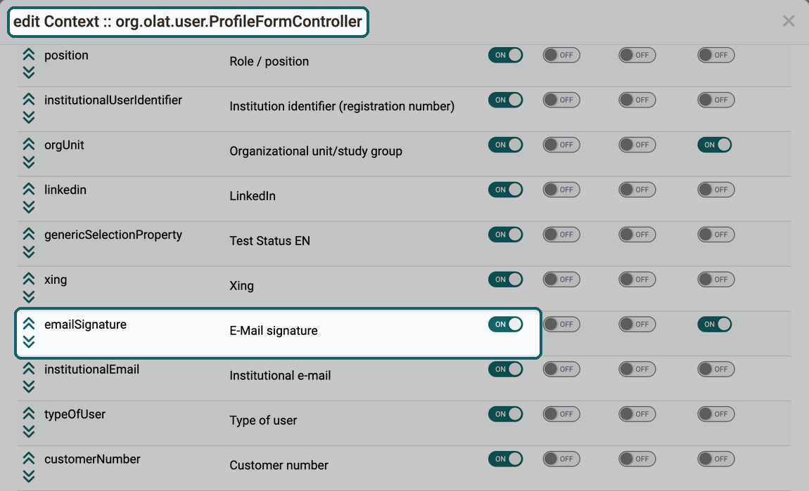 Switched-on include switch in the row emailSignature releases the field for the personal profile