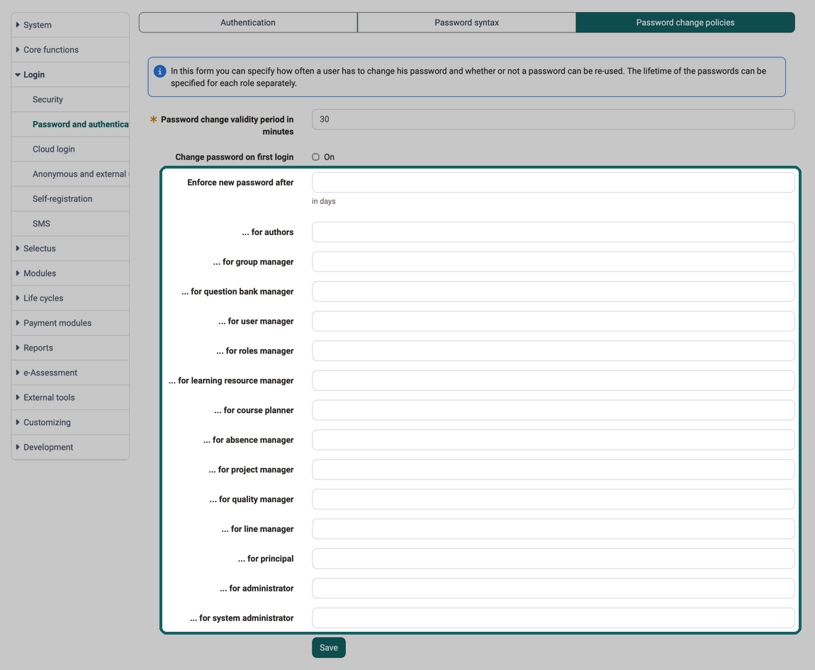 Enforce new password after field highlighted, with a separate period in days per role from authors to system administrators