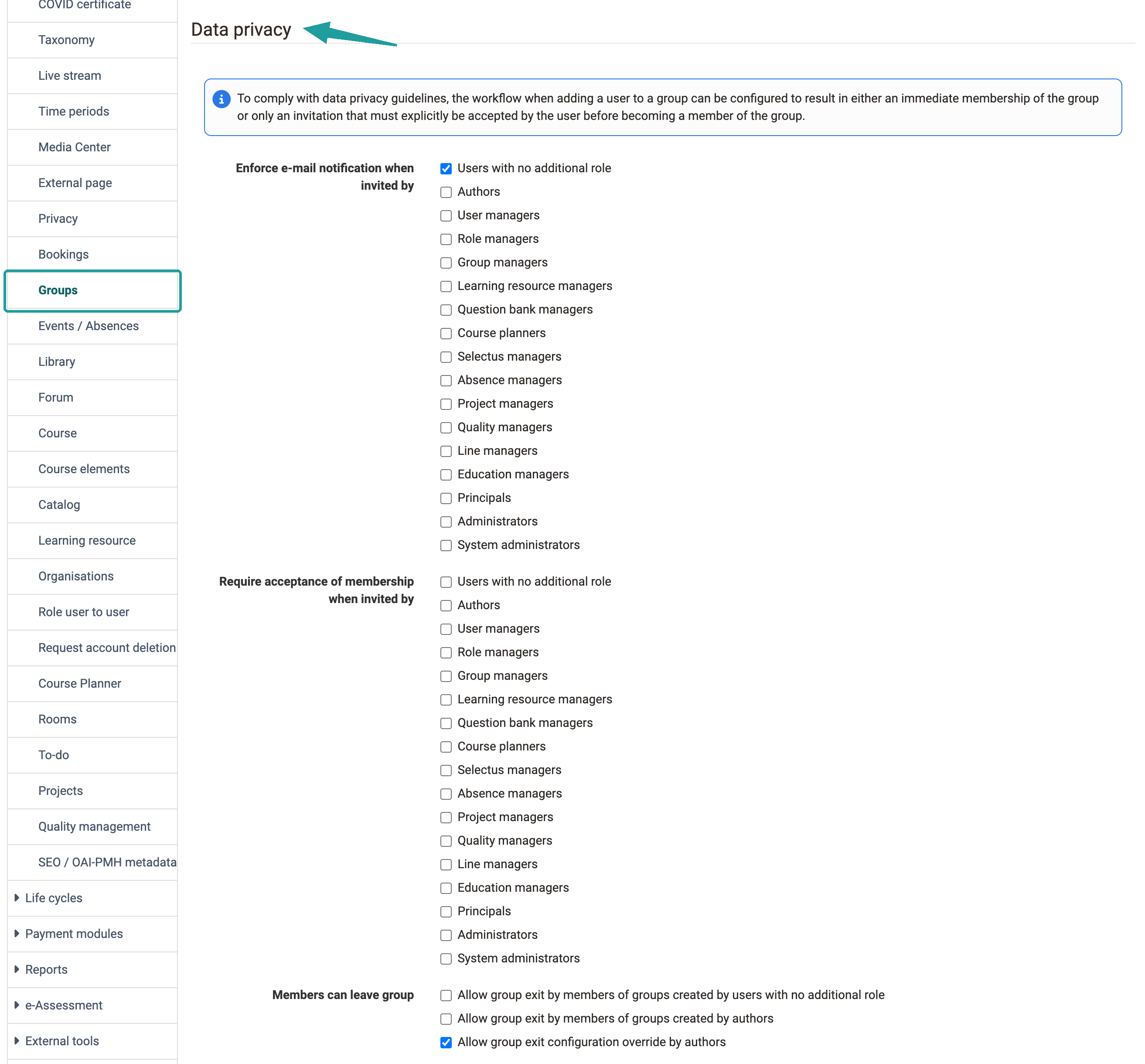 Data privacy settings in the Groups module with the role lists for mandatory email notification and membership confirmation, 17 roles each
