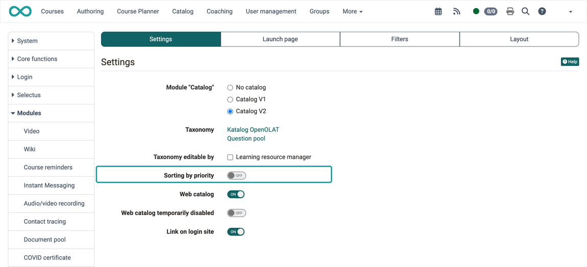 Highlighted switch Sorting by priority with Catalog V2 active, web catalog switched on, Settings tab in the Catalog module