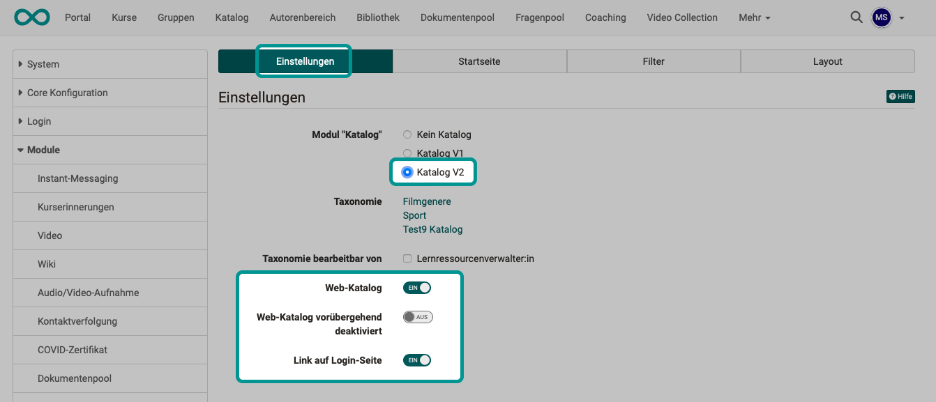 Highlighted switches Web catalog, Web catalog temporarily deactivated and Link on login page in the Settings tab with Catalog V2 activated