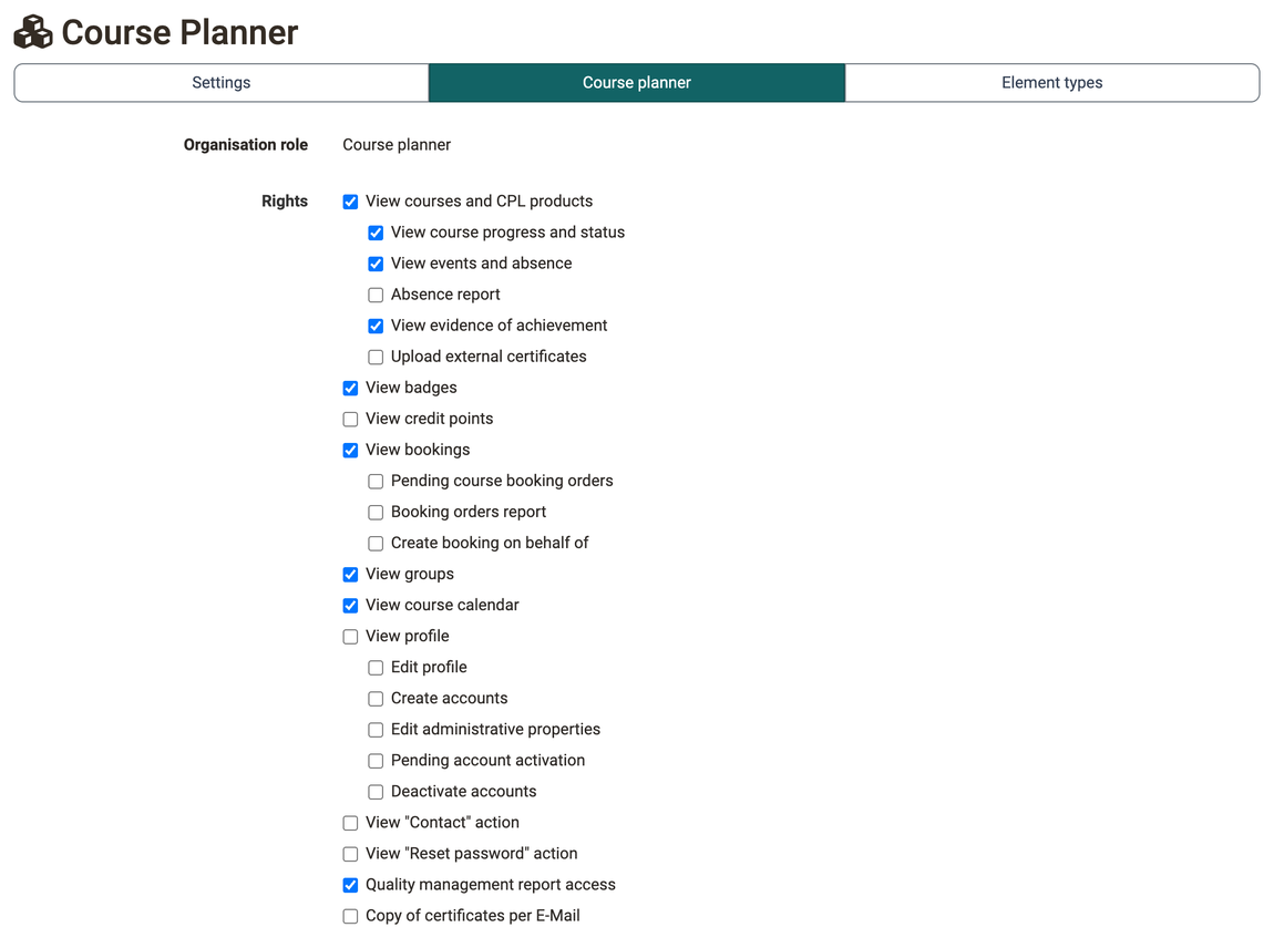 Course planner tab in the Course Planner module · 2026.10.09 Organisation role Course planner and the list of rights, with the sub-rights of each area indented