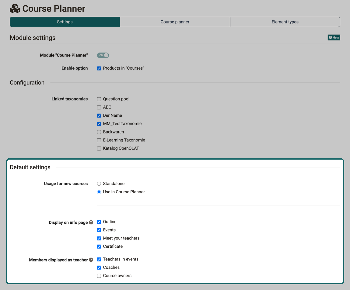 Settings tab in the Course Planner module · 2026.10.09 Default settings with the usage for new courses, the options for the info page and the roles for Meet your teachers