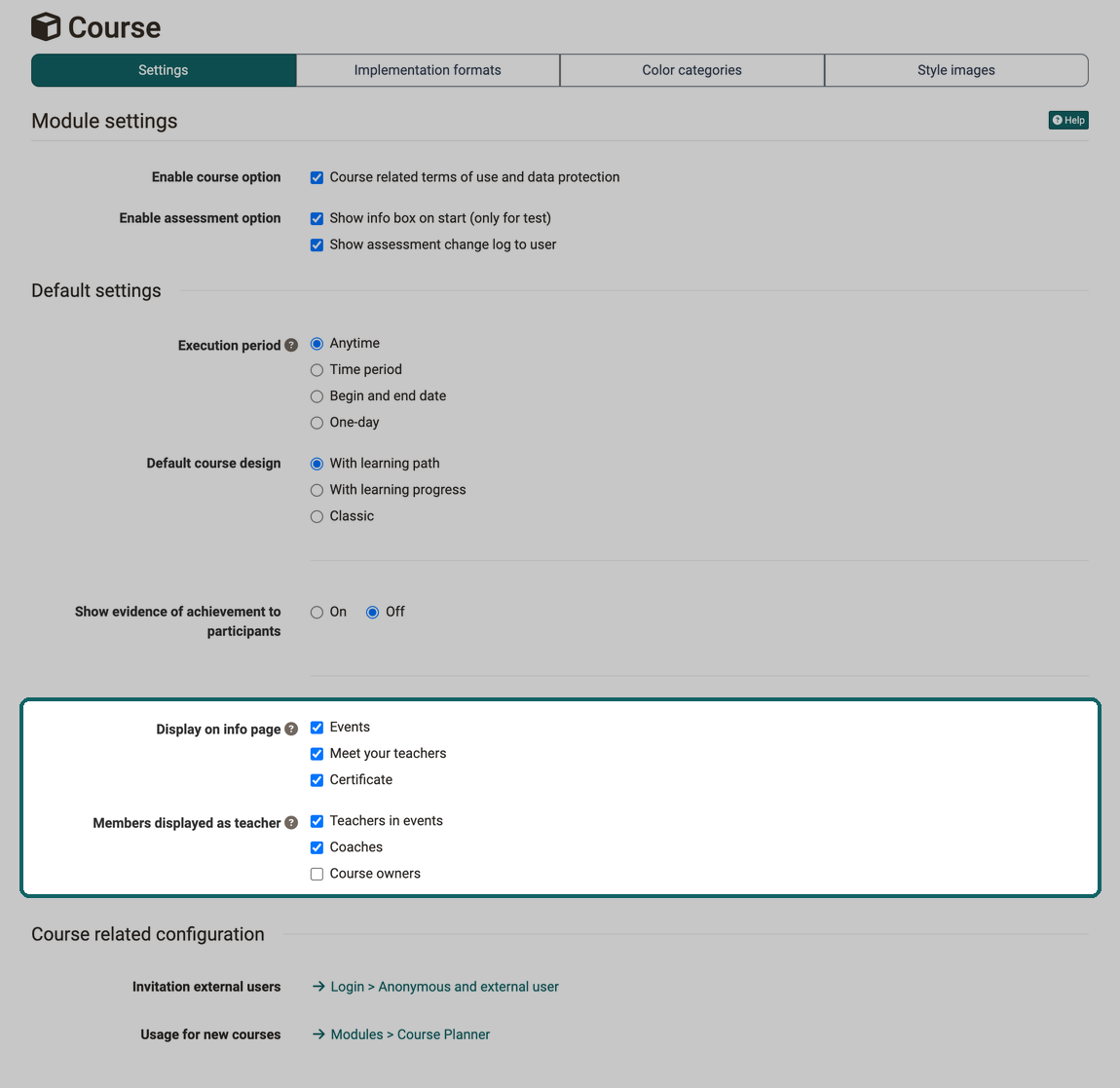 Options under Display on info page and roles under Members displayed as teacher that new courses start with