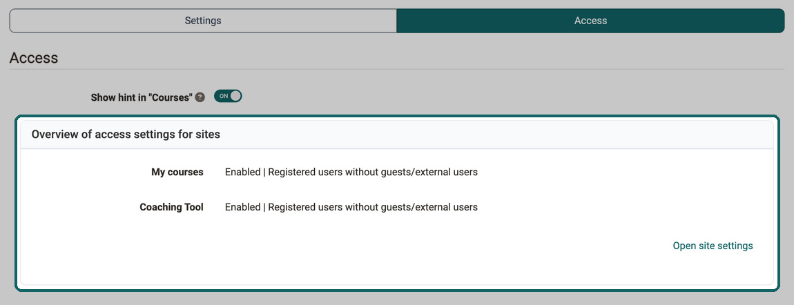 Access tab in the Learning resource module ยท 2026.10.09 My courses and Coaching Tool each enabled for registered users, below them the button Open site settings
