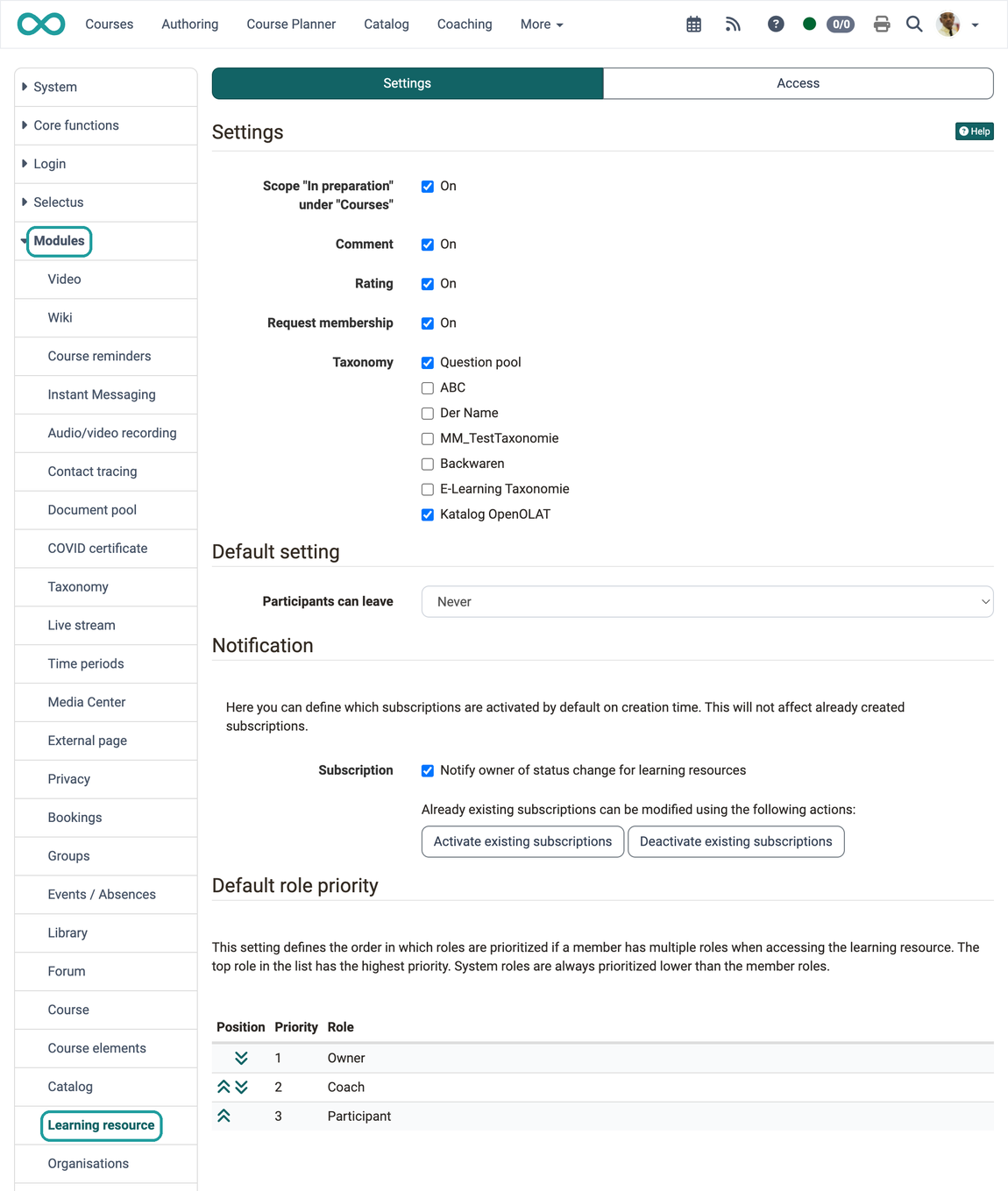 Checkboxes for Comment, Rating and Request membership, plus the default setting for leaving and the role priority, Learning resource page in the Modules menu of the system administration