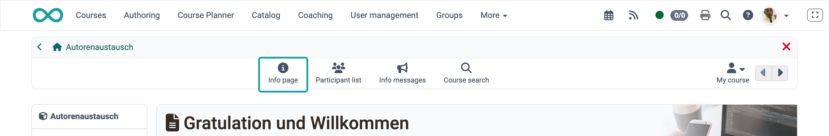 Course toolbar with the Info page button highlighted